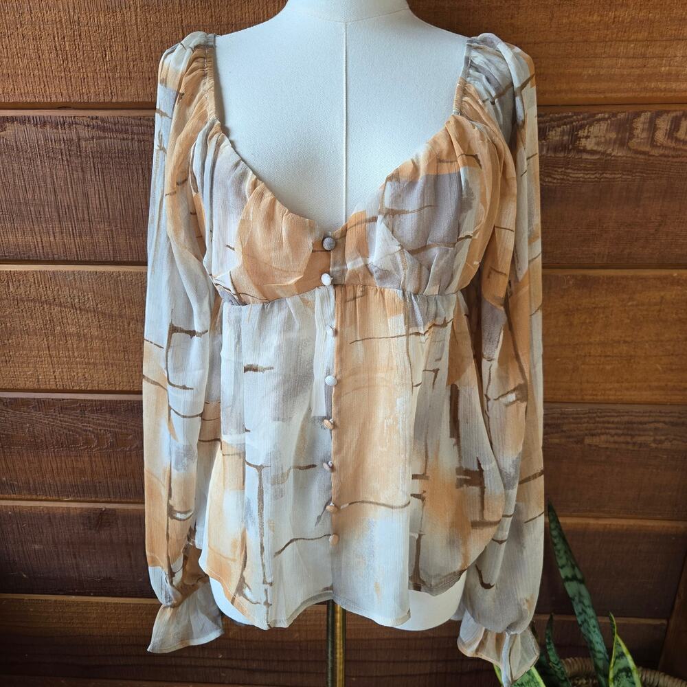 NWT Blu Pepper Womens Y2K Sheer Peasant Babydoll Top M Abstract Sweetheart